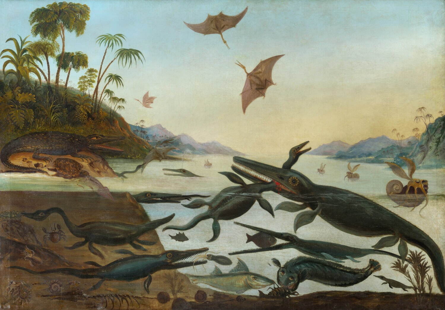 ロバート・ファレン《ジュラ紀の海の生き物―ドゥリア・アンティクィオル(太古のドーセット)》1850年頃 油彩・カンヴァス 190×268cm ケンブリッジ大学セジウィック地球科学博物館