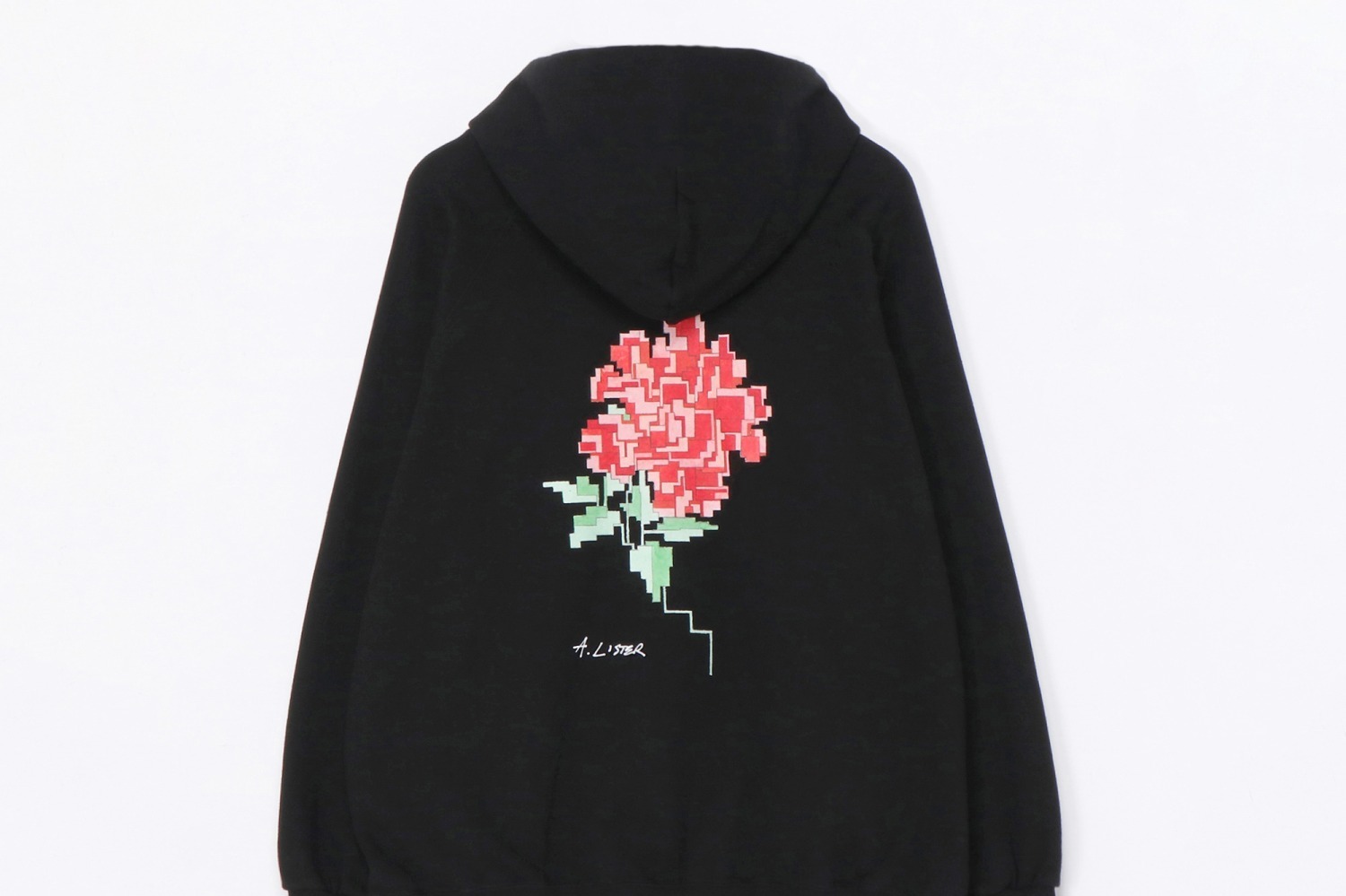 ワイルドサイド ヨウジヤマモト×ポギーザマン、“牡丹”ピクセルアートの黒フーディー