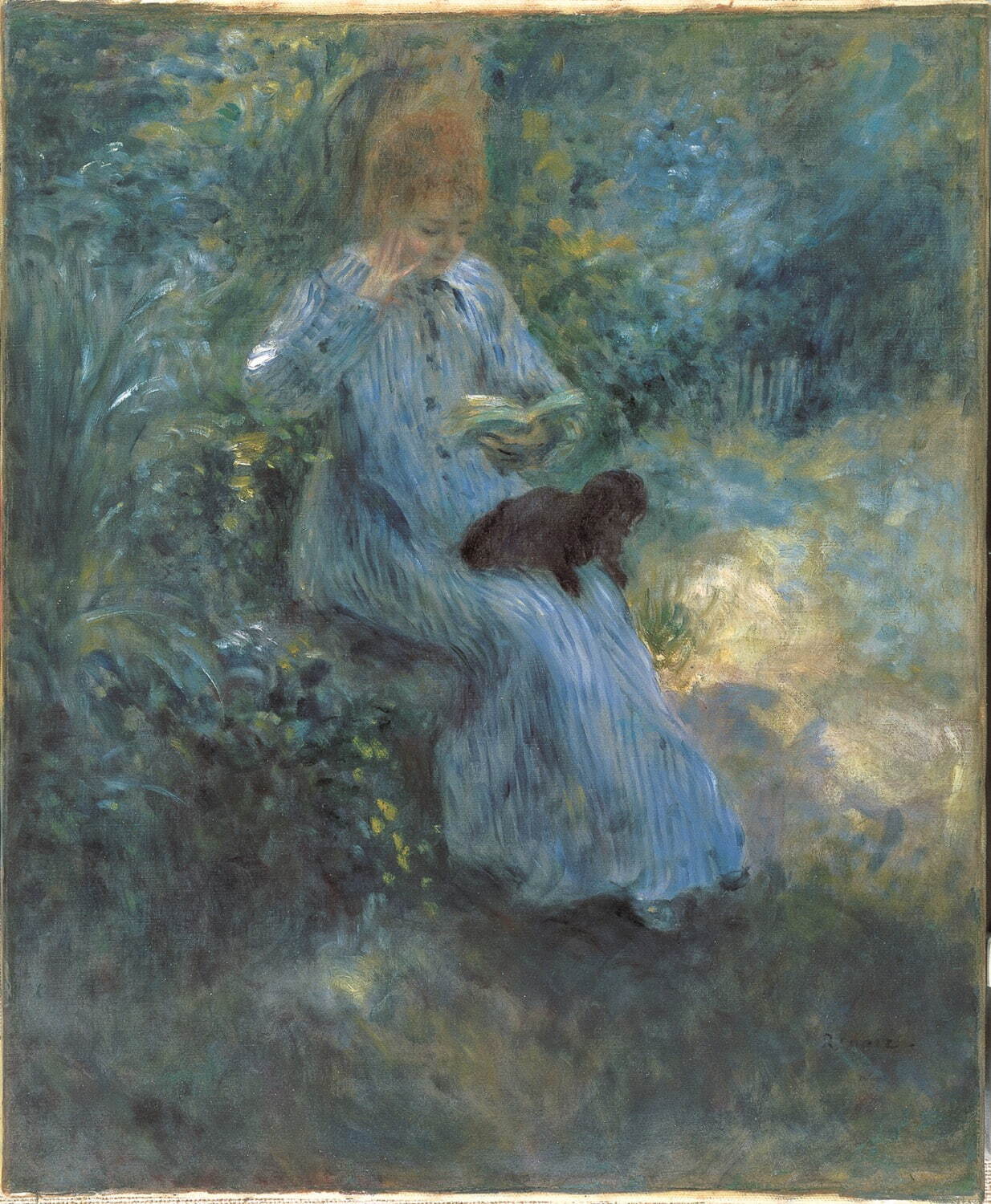 ピエール＝オーギュスト・ルノワール《庭で犬を膝にのせて読書する少女》1874年　油彩・カンヴァス　吉野石膏コレクション