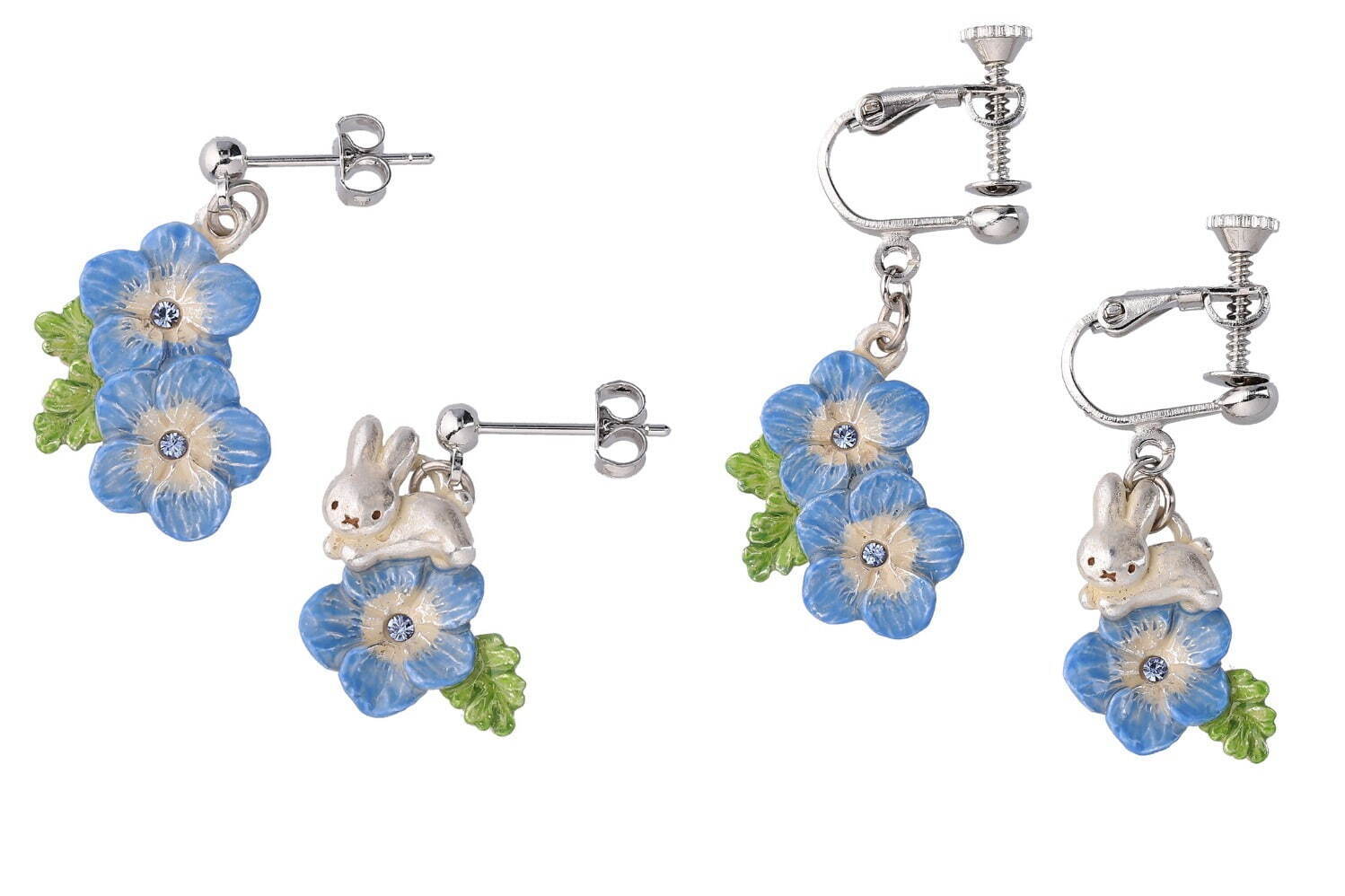 みときち　ネモフィラとうさぎ　シーグラス／天然石／花／ブルー 青いネモフィラ×ミッフィー”の手作りピアス＆リングなど