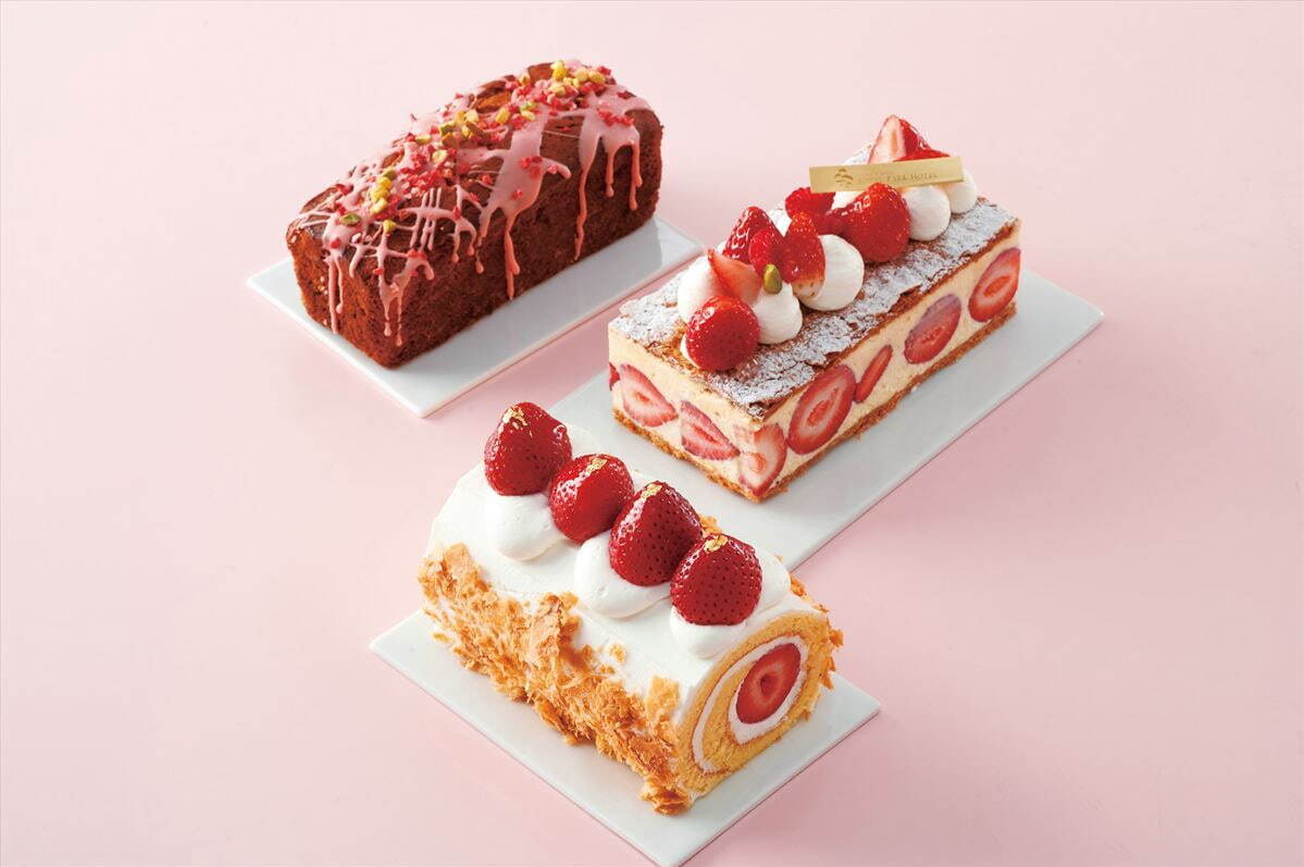 (上から)いちごパウンドケーキ 1,500円
いちごミルフィーユ 3,000円(カット750円)
あまおうロールケーキ 2,600円(カット870円)