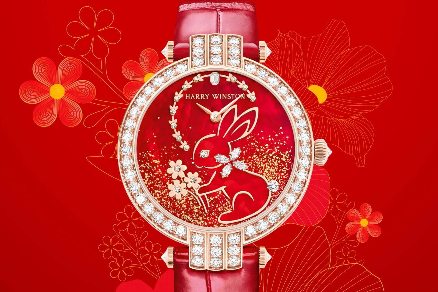 ハリー・ウィンストン限定腕時計、ダイヤモンド輝く23年干支“ウサギ”モチーフのレッドダイヤル