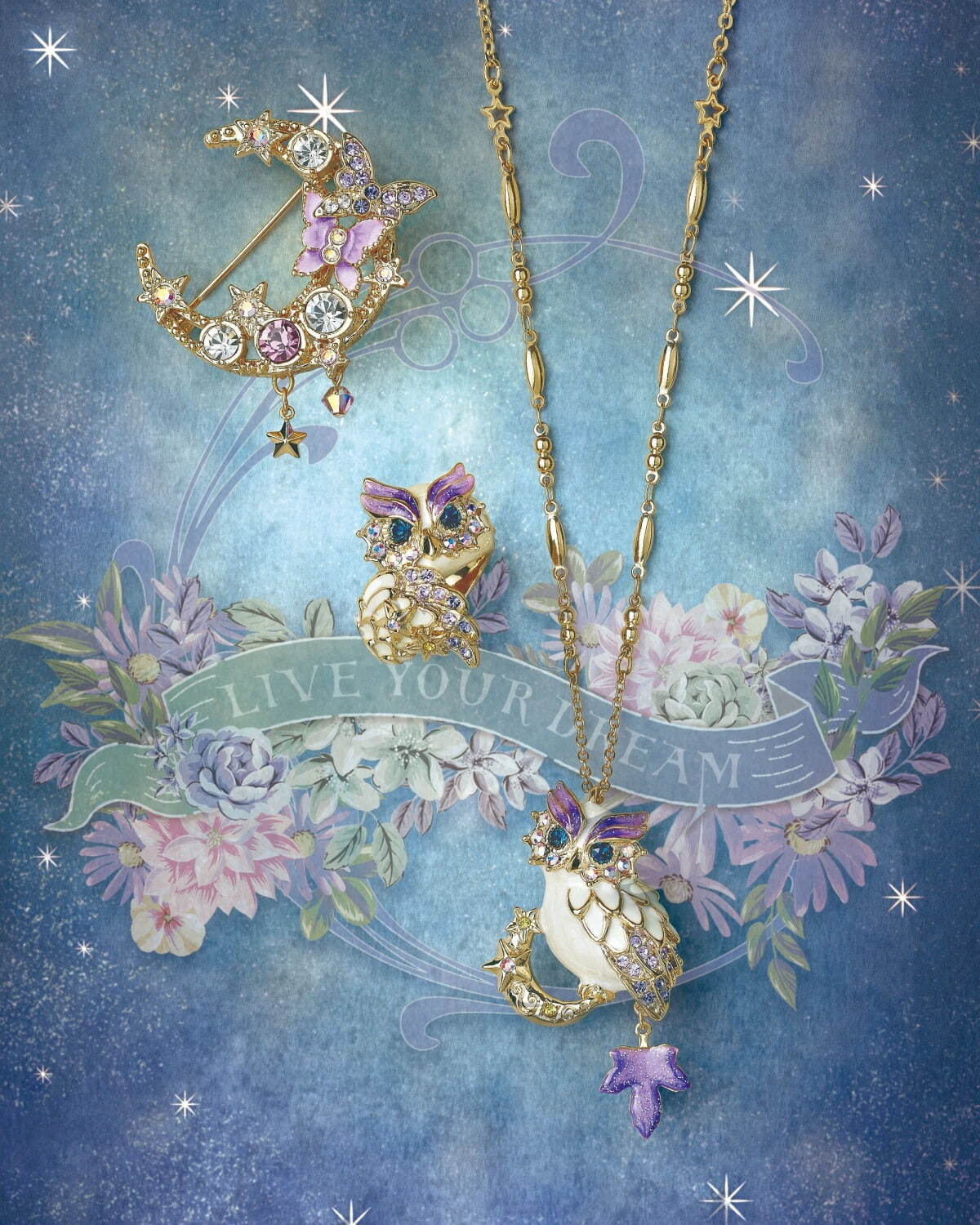 アナ スイ“福を呼ぶ”白ふくろうモチーフの新作アクセサリー、蝶を飾っ