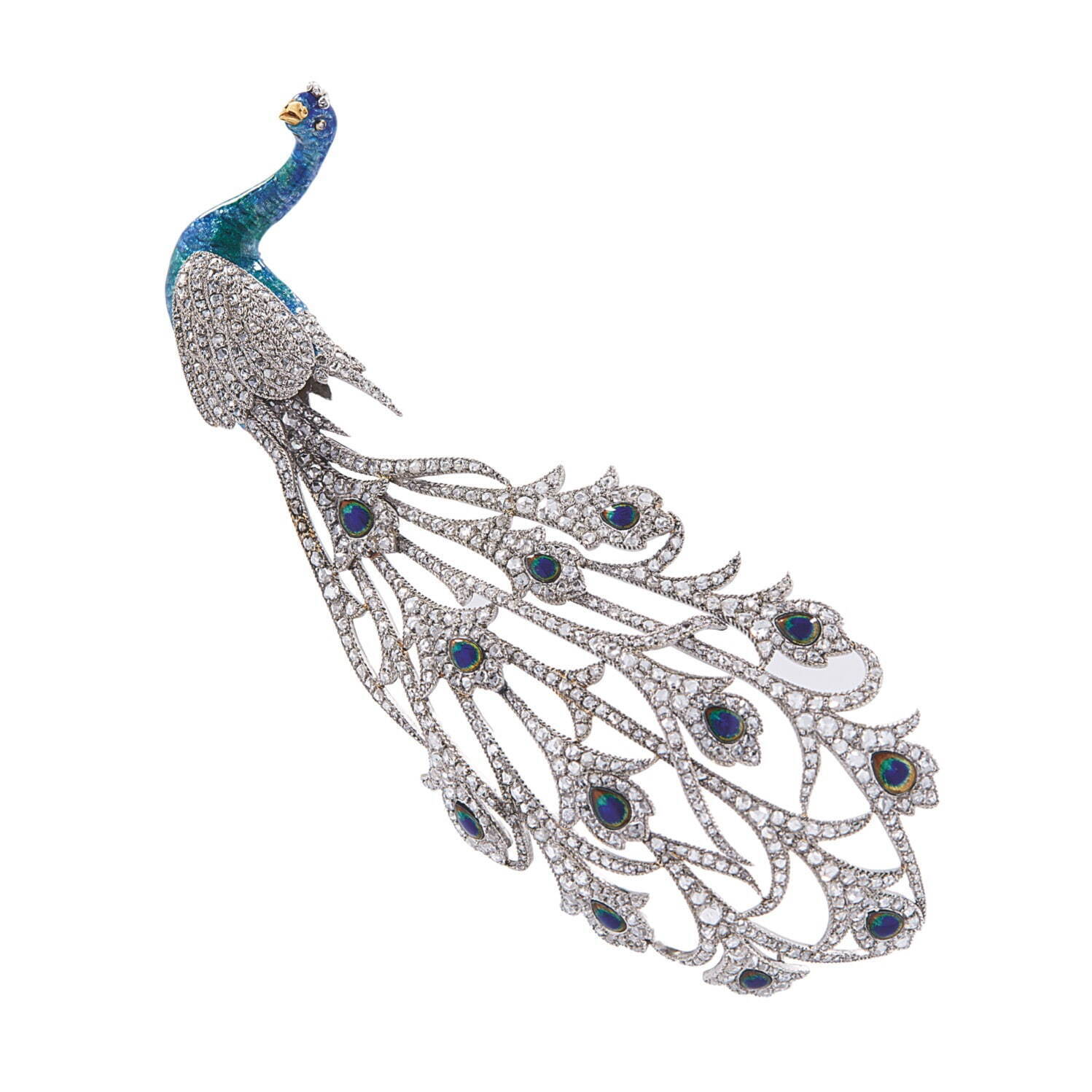 シャルル・メレリオ、孔雀のブローチ
1910年頃 ダイヤモンド、エナメル 個人蔵