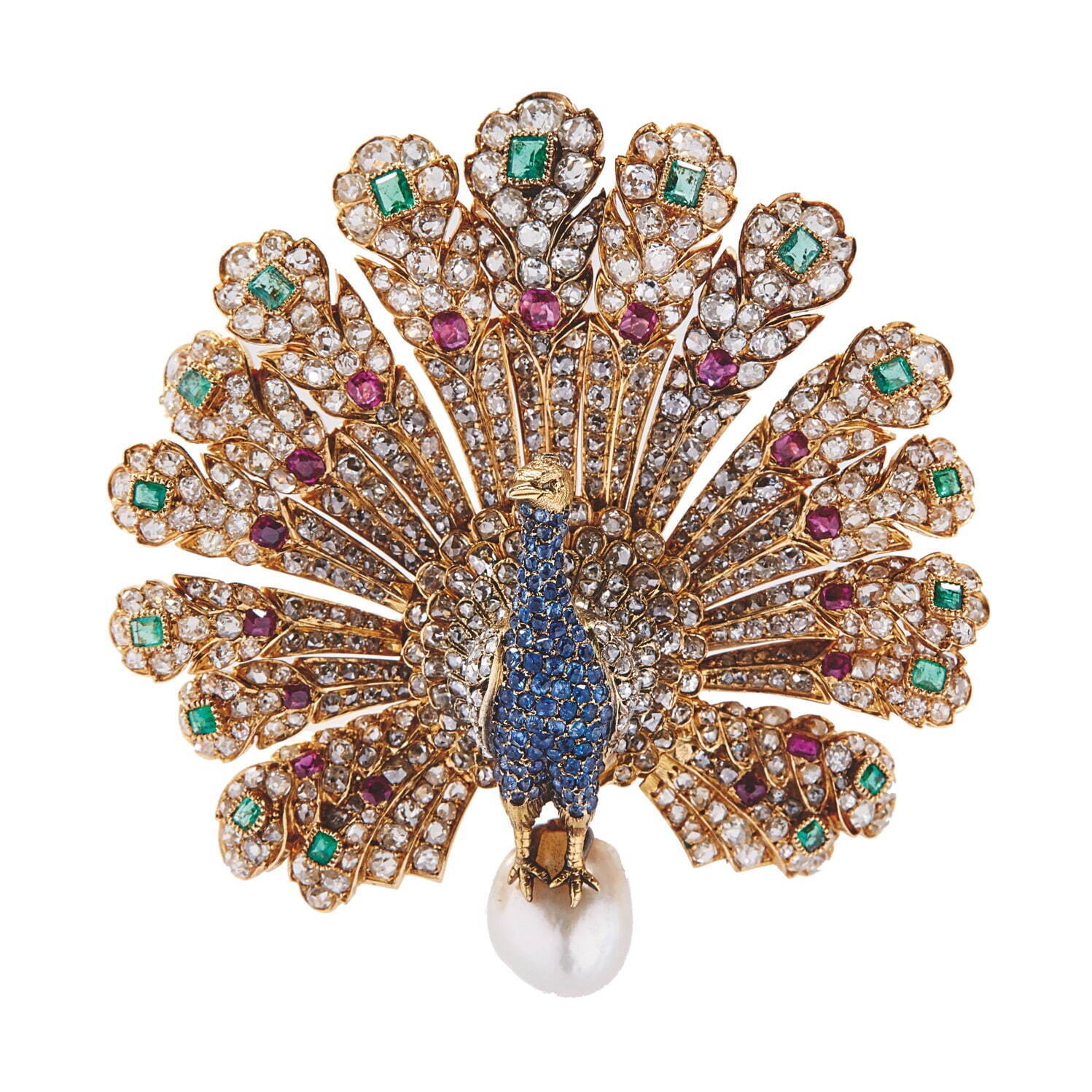 ギュスターヴ・ボーグラン、孔雀のブローチ
1865年頃 ゴールド、パール、ダイヤモンド、サファイア、ルビー、エメラルド、金 個人蔵