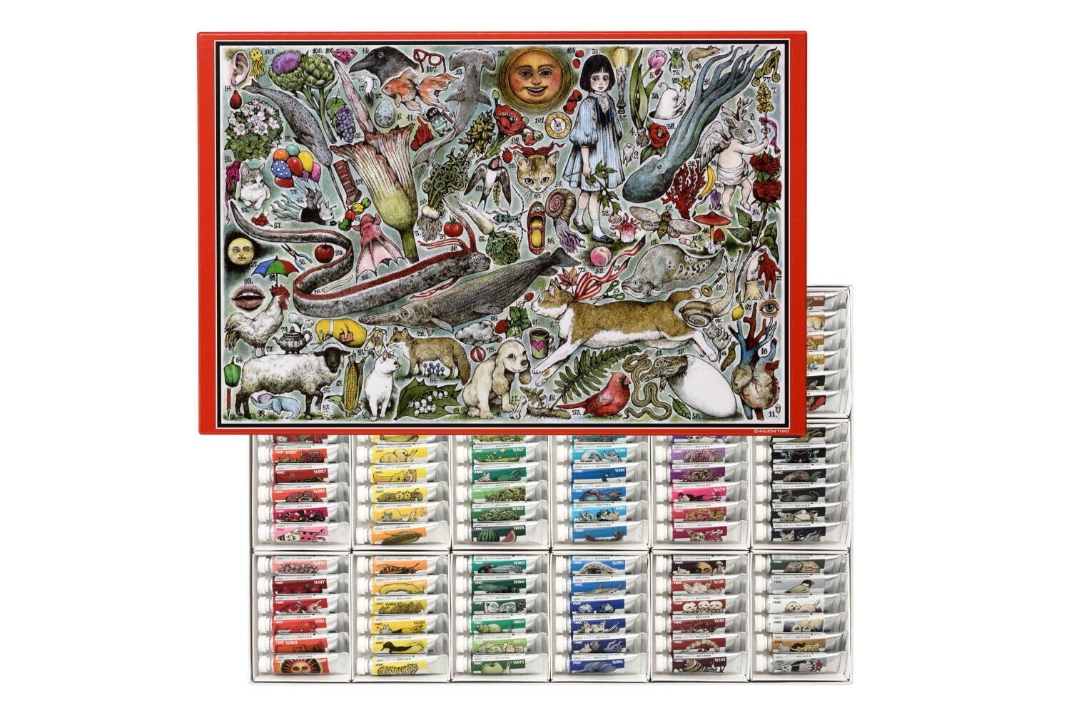 ヒグチユウコ×ホルベインの新作コラボ、"描き下ろしイラスト入り”全108色の絵の具セットなど｜写真1