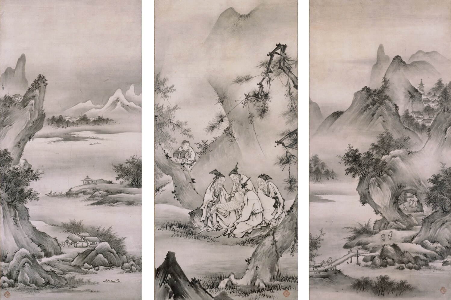 中商山四皓図左右山水図 狩野元信筆 三幅 室町時代 慈照寺蔵
［I期展示］