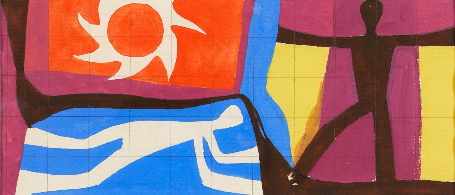 大沢昌助 《人と太陽》(旧国立競技場壁画原画下図) 1964年頃 鉛筆、グアッシュ、紙 個人蔵