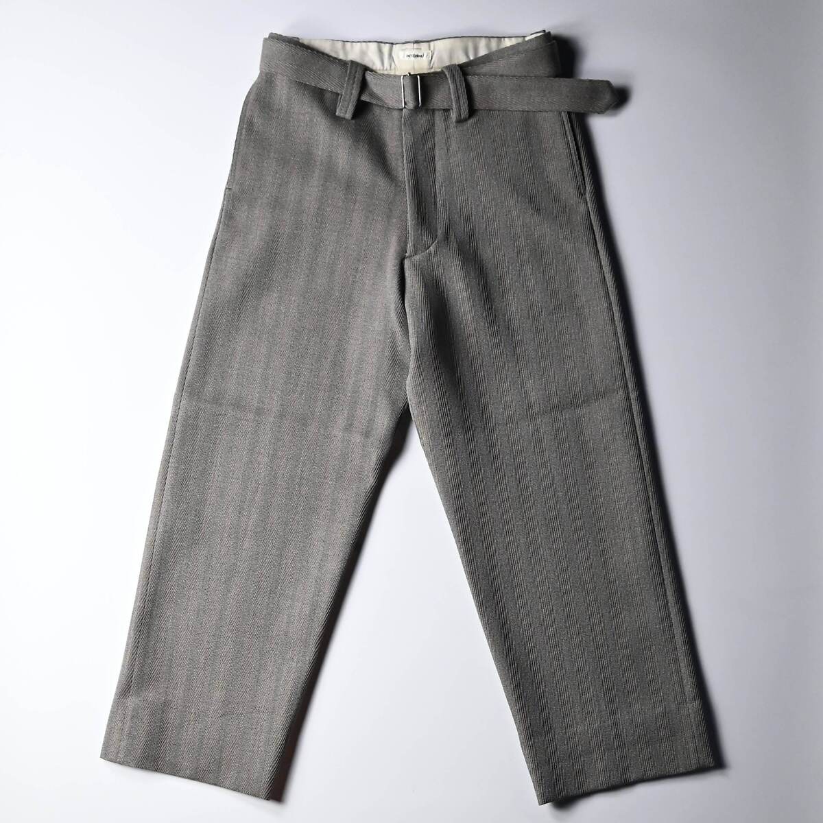 STRUCTURED DIAGONAL MELANGE WOOL DEADSTOCK BELTED MIL BAGGY TROUSER 1