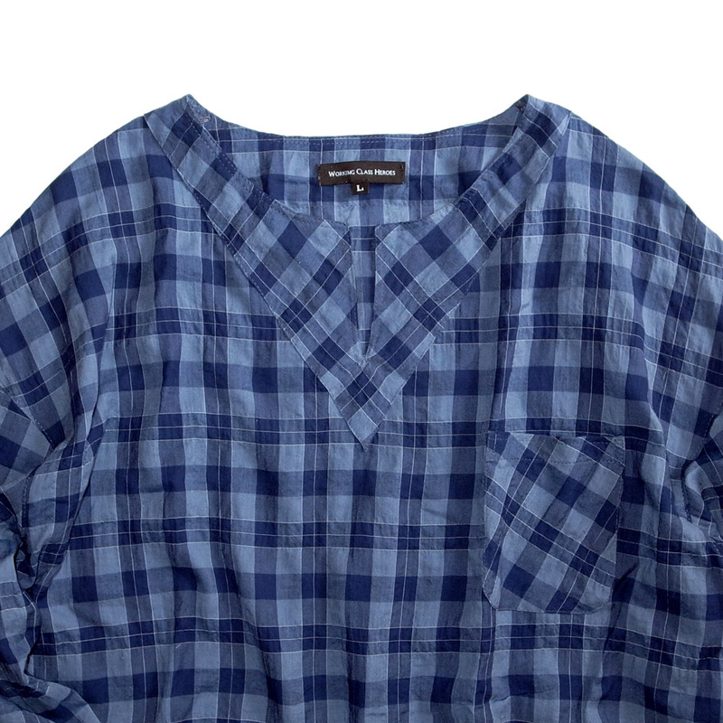 Working Class Heroes Key Neck Bohemian Shirt -Blue x Navy - 画像4枚目